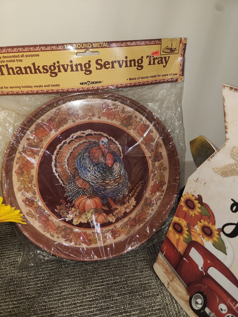 Vtg Thanksgiving Serving Tray with Blue & Brown Turkey Design